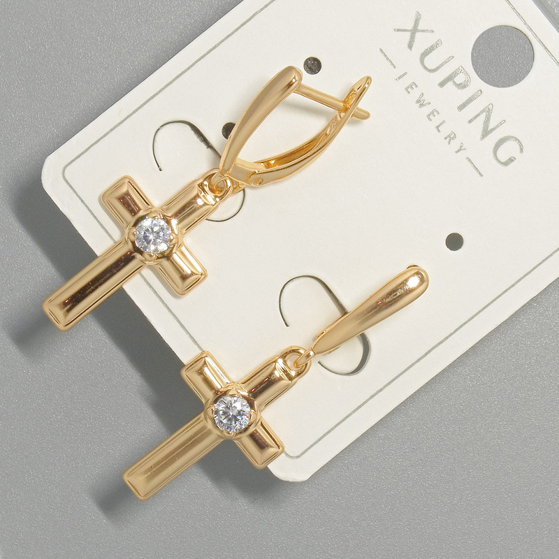Cercei «Cruce» Xuping cu cristal alb, diametrul 13×22 mm ±, lungimea 34,5 mm ± placare cu aur 18K