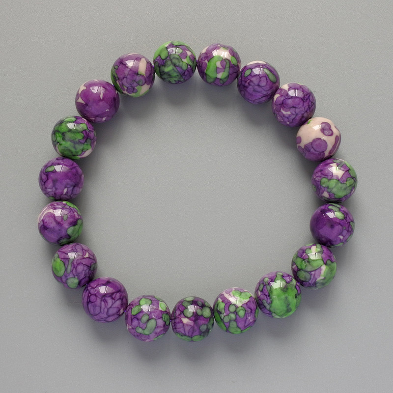 Brățară «Variscit» (acrilic sintetic) mov, alb și verde, mărgele netede, diametrul 10,5 mm, lungime 18 cm +/- (elastic)