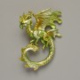 Broșă-pendulă Dragon, email verde salată mat, metal auriu, 42×58 mm