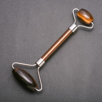 Masajer din piatră naturală – ochi de tigru, lungime 14 cm, metal argintiu