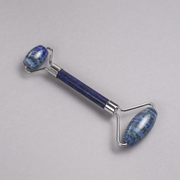Masajer roller din piatră Lazurit, dublu, lungime 14,5 cm, corp metalic argintiu