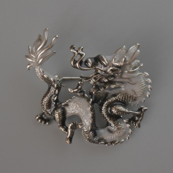 Broșă-colier Dragon, email negru și gri, metal argintiu 44x37 mm