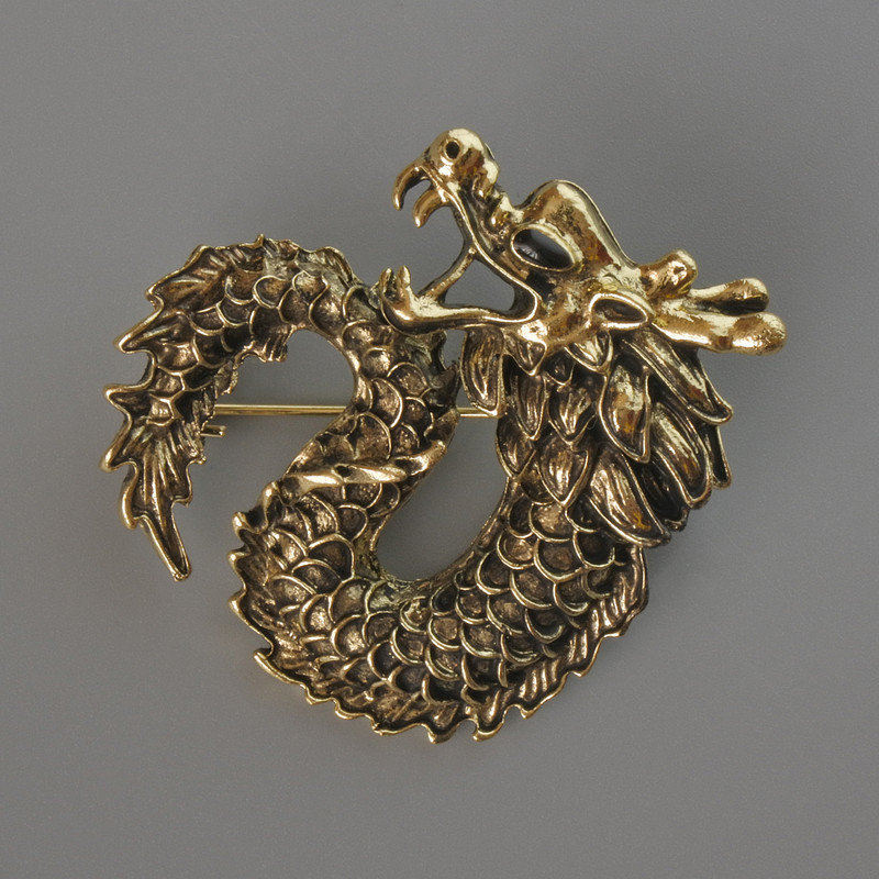 Broșă pandantiv Dragon metal auriu, 42x42 mm