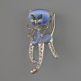 Broșă-pandantiv pisicuță cu ochi de pisică albaștri, cristale verzi, strasuri roz și albe, metal argintiu 25×55 mm