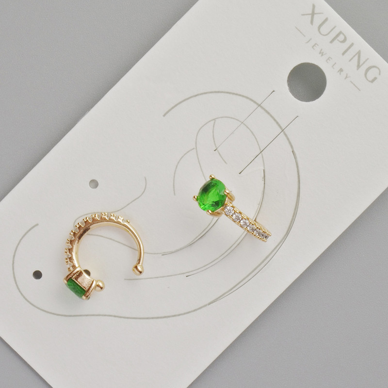 Cercei Xuping cu cristal verde și strasuri albe, diametrul 13x5 mm, placare cu aur 18K
