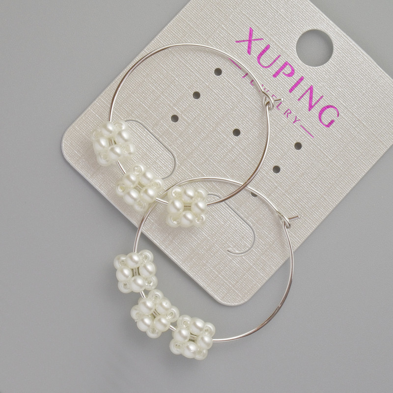 Cercei Xuping inele cu mărgele albe, grosime 0,7 mm +/-, diametru 29 mm +/- placate cu rodiu