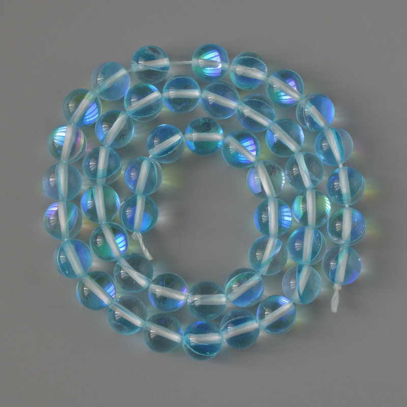 Mărgele din sticlă opală, bile netede, albastru transparent cu efect de chameleon, diametrul 8 mm, lungimea 38 cm pe șnur