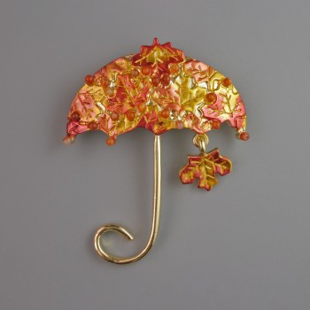 Broșă Parasol portocaliu și galben, email, mărgele, metal auriu 62x50 mm