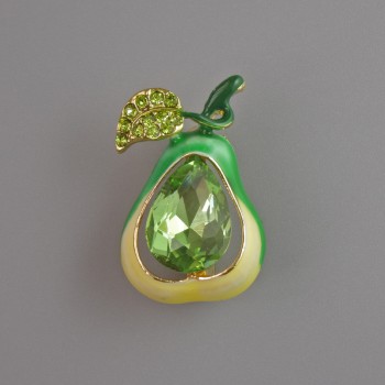 Брошка Груша зелена емаль, кристал та стрази, золотистий метал 25х17мм