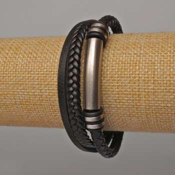 Brățară pentru bărbați din piele ecologică cu inserții metalice, lungime 21 cm, grosime 17 mm, neagră
