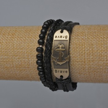 Brățară pentru bărbați – set de 3, din eco-piele, culoare neagră (reglabilă cu șnur și elastic)