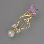 Broșă Simbolul Îndrăgostirii, cristal roz și alb, mărgea albă 45×16 mm, metal auriu