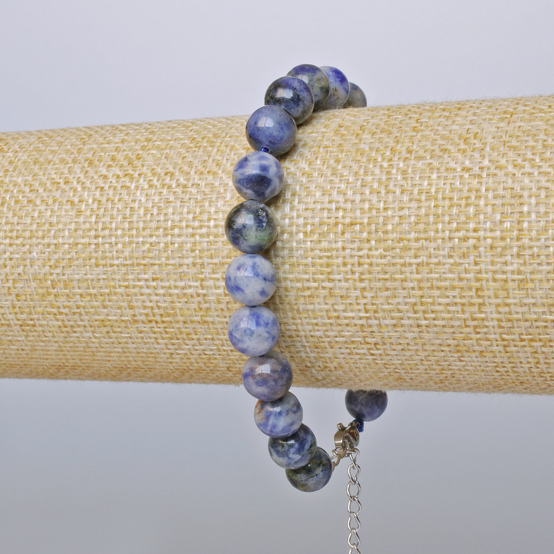 Brățară din sodalit, mărgele netede, diametrul 8,5 mm, lungime 19-24 cm, +/- (închizătoare argintie)