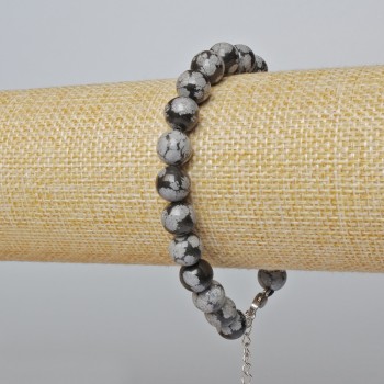 Brățară din obsidian zăpezit (presat), cu mărgele netede, diametrul 8,5 mm, lungime 19-24 cm, închizătoare argintie