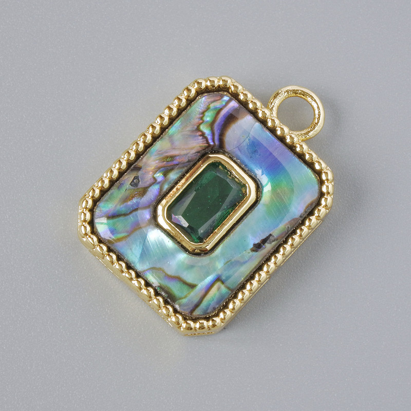 Pandantiv cu haliotită și cristal verde, culoare aurie a metalului, diametrul 20×14 mm