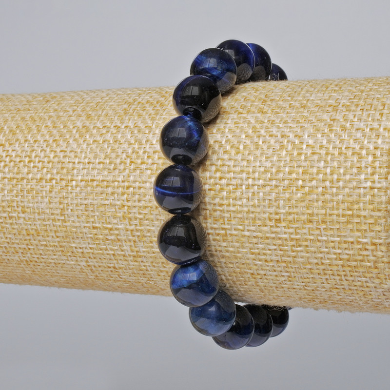 Brățară cu ochiul pisicii albastru, piatră naturală, mărgele netede, diametrul 10,5 mm, lungime 18 cm, elastic