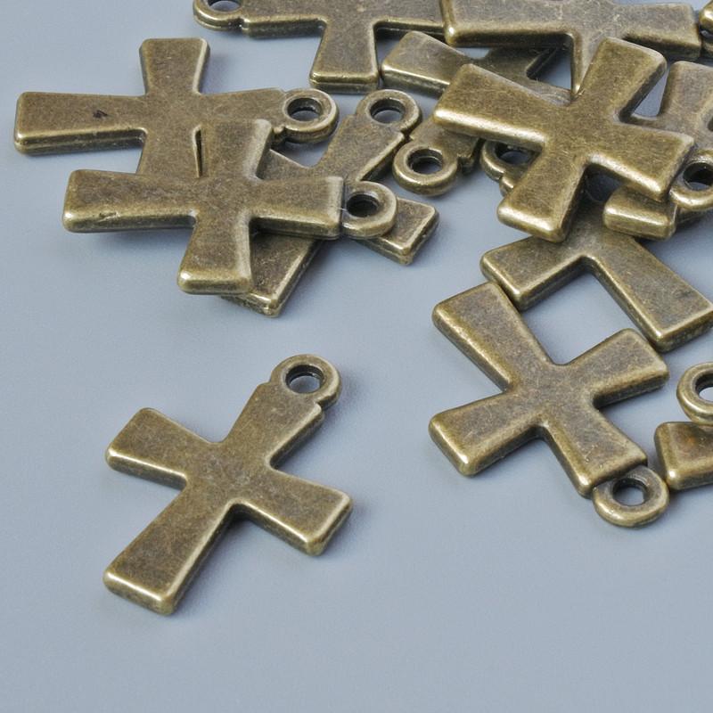 Pandantiv în formă de cruce, diametrul 18,5×13 mm, diametrul găurii 1,6 mm, lot 15 bucăți +/- culoare bronz a metalului