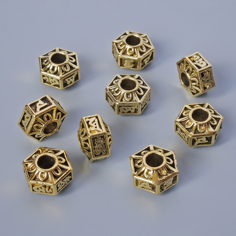 Inserție pentru mărgele, diametru 7×10 mm, diametrul găurii 3,5 mm, set 9 buc., greutate aproximativă 20 g, culoare aurie a metalului