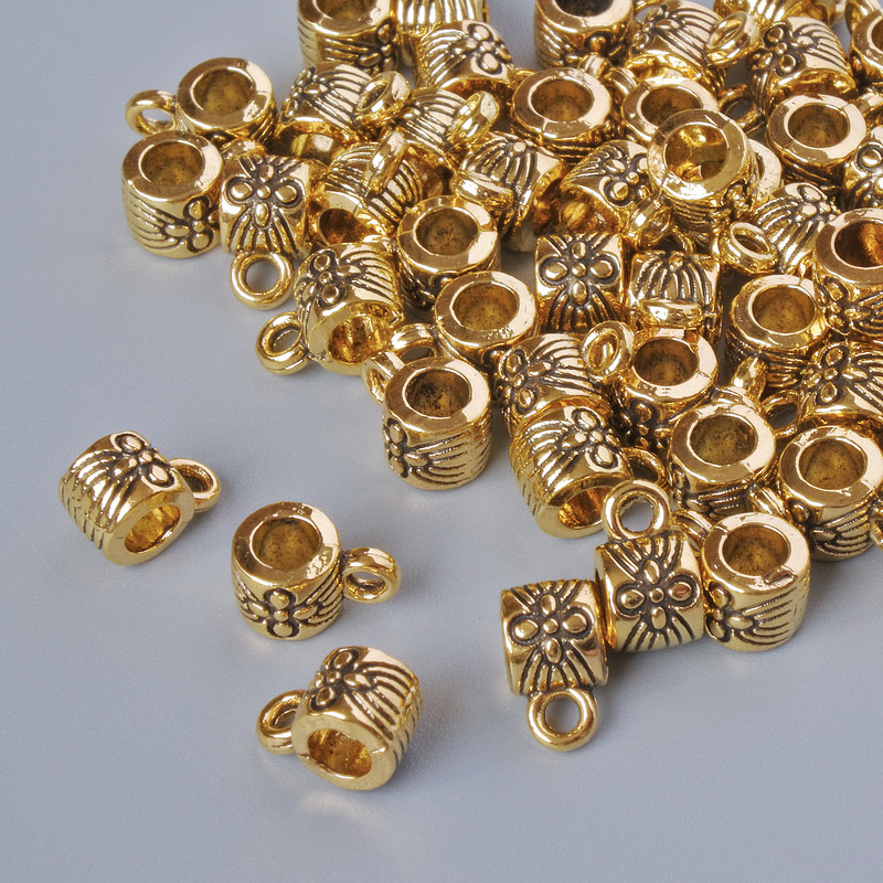 Furnitură bail, suport pentru pandantiv, diametru 4×5 mm, diametrul găurii 1,4 mm, 2,7 mm, lungime 7,5 mm, ambalaj 60 bucăți ± 20 g, culoare aurie metalică