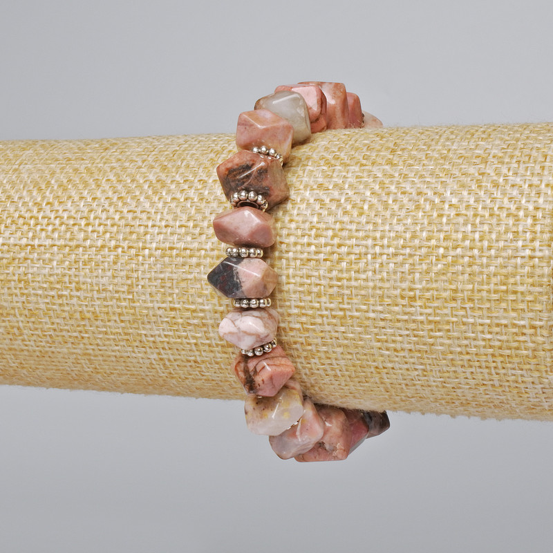 Brățară din rodonit, piatră naturală, cu rondelle tăiate, diametrul 10x7 mm, lungime 18 cm +/- (elastic) cu inserții metalice