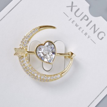 Broșă Xuping «Inimă» cu cristal alb și paiete albe 24x27mm, metal deschis auriu, placare cu aur