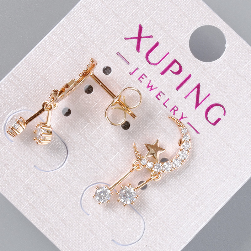 Cercei cu știft Lună și Stea Xuping, cu cristale albe, diametrul 11x8 mm, lungime 22 mm, placare cu aur 18K