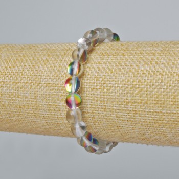 Brățară din sticlă opală, bile netede, culoare alb translucidă cu reflexe hameleon, diametrul 8 mm ±, lungime 18 cm ± (elastic)