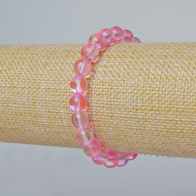 Brățară din sticlă opal, cu bile netede, culoare roz transparent, cu efect camaleon, diametrul 8 mm +/-, lungime 18 cm +/- (elastic)