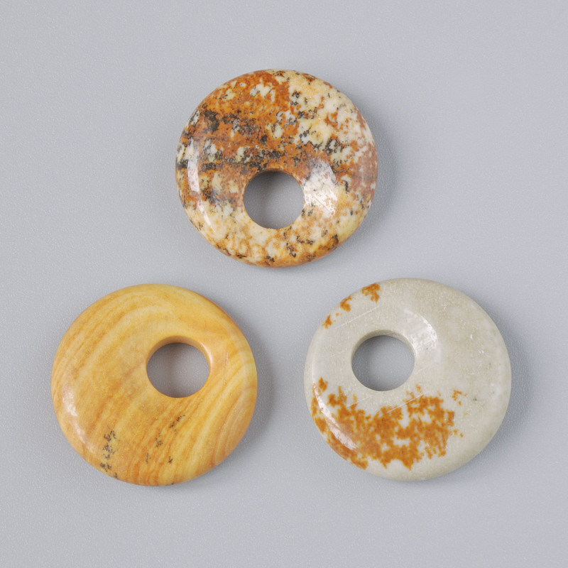 Pandantiv în formă de gogoșă din jasper de peisaj, piatră naturală, diametrul 18×5 mm ±, diametrul orificiului 5 mm ±