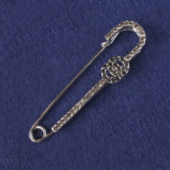 Broșă cu ac, strasuri negre, metal argintiu 71×16 mm+