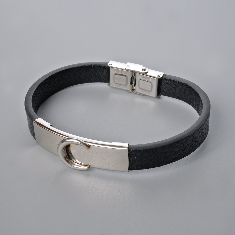 Brățară pentru bărbați cu inserții metalice, lungimea 21 cm, grosimea 10 mm (+/-), grosimea inserției 14 mm (+/-), piele ecologică neagră