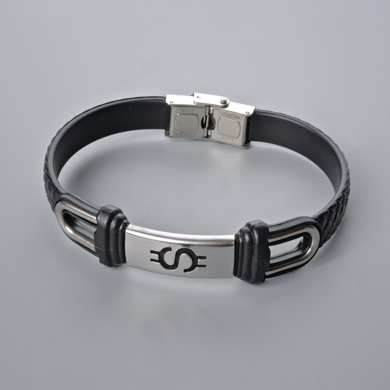 Brățară masculină cu inserții metalice, lungime 21 cm, grosime 10,5 mm, grosimea inserției 11 mm, piele ecologică neagră