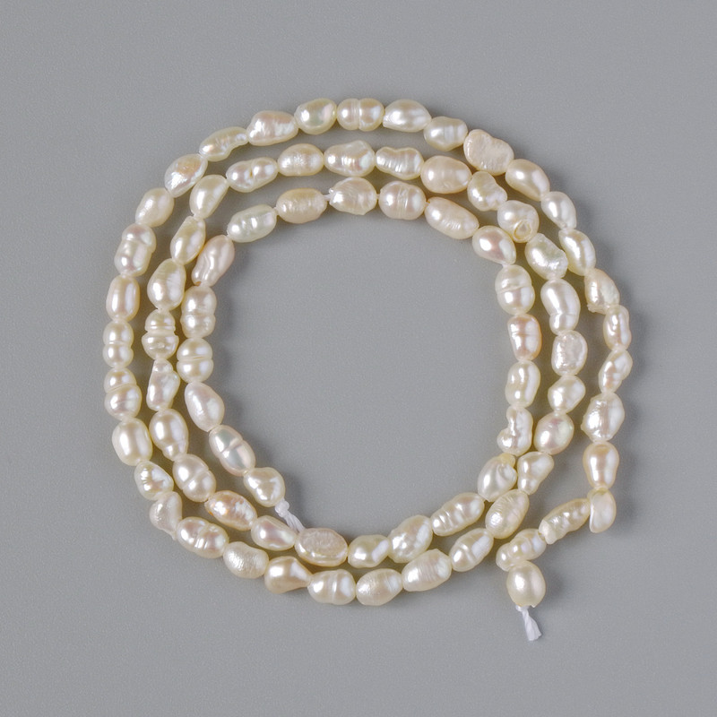 Mărgele de perle de râu, diametru aproximativ 3x4 mm, lungime 33 cm, pe ață