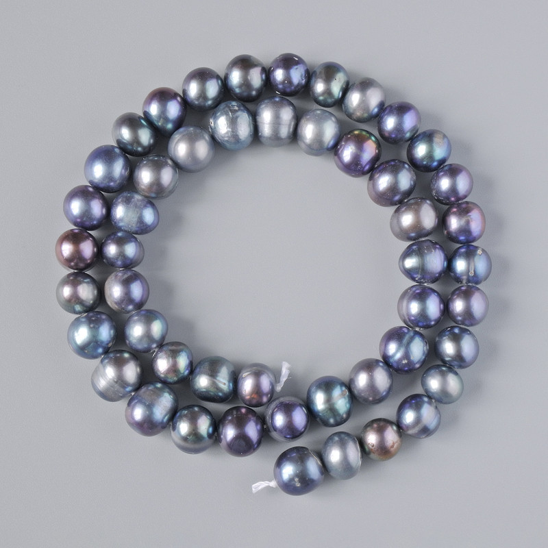 Mărgele de perle de râu grafit cu reflexe păun, diametru aproximativ 9×8 mm, lungime aproximativă 37 cm, pe șnur
