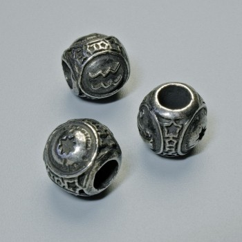 Furnitură mărgea-inserție Semn zodiacal «Vărsător», diametru 9x10 mm, gaură diametru 4,3 mm, culoare metalică argintiu închis, 1 bucată