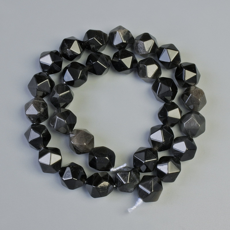 Mărgele din obsidian argintiu, piatră naturală, multifacetate, diametrul 10×12 mm, lungime 36 cm, pe șnur