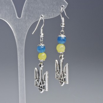 Cercei «Stema», diametrul 15 mm +- cu mărgele de citrin și acvamarin, diametrul 6,5 mm +-, lungime 60 mm +-, culoare metalului argintiu