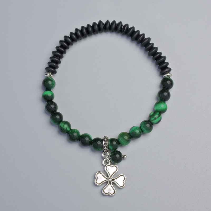 Brățară din ochi de pisică verde și șungit, diametrul 6,5 mm, 6,5×3 mm± (elastică), lungime 18 cm± cu inserții metalice