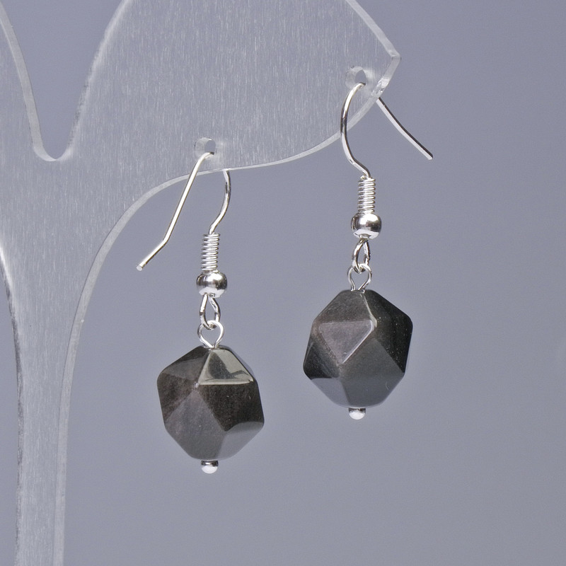 Cercei din obsidian argintiu, piatră naturală, fațetat multifazat, diametrul 10×12 mm, lungimea 32 mm ±