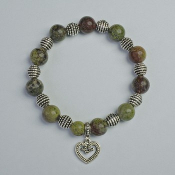 Brățară din jasper «Sânge de dragon» cu mărgele netede, diametrele de 10,5 mm și 8 mm, însirate pe un șir elastic, lungime 18 cm +/- cu inserții metalice