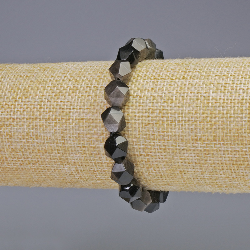 Brățară din obsidian argintiu, piatră naturală, mărgele multifacetate, diametru 8,5×10 mm ± (șnur elastic), lungime 18 cm+