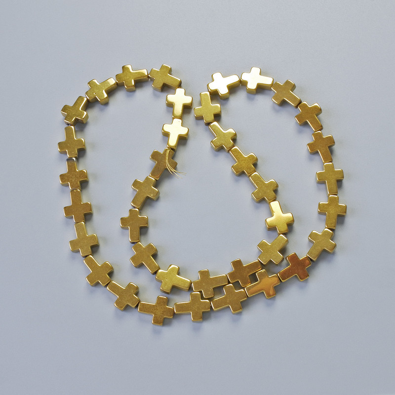 Mărgele hematit în formă de cruce, culoare aurie, dimensiuni 8,5×10,5×3 mm, lungime 40 cm, pe fir