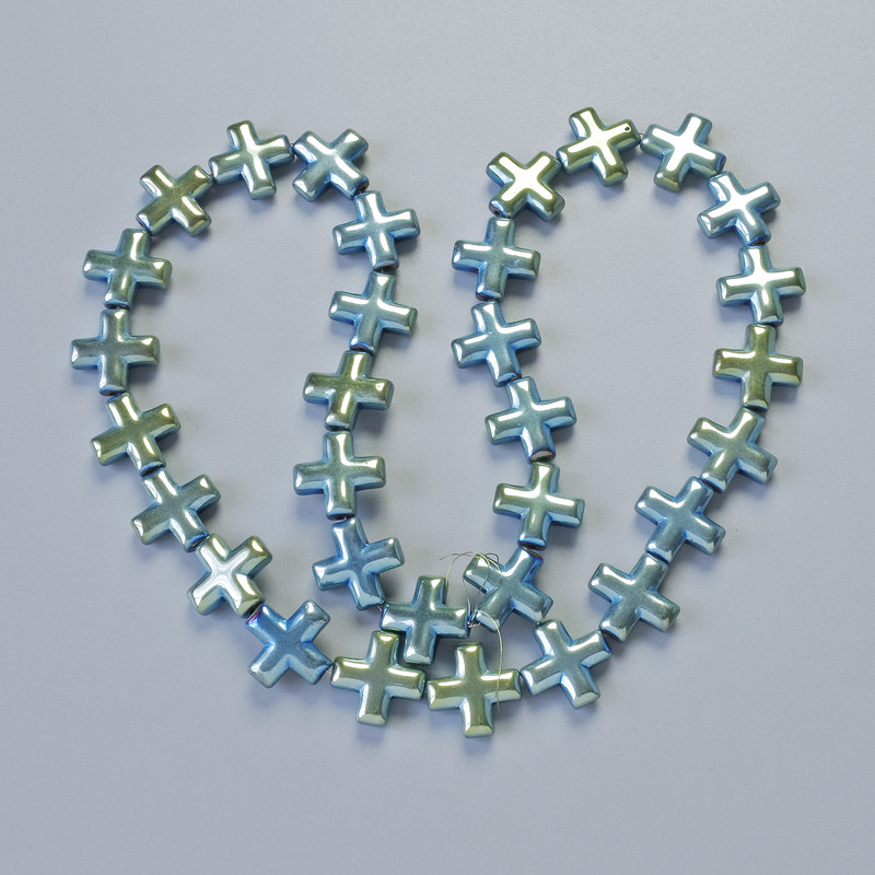 Mărgele de hematit «Cruce» verde-albastru, diametru 12,5×12,5×4 mm, lungime aproximativă 40 cm, pe șnur