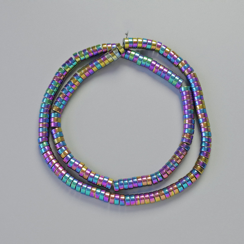 Mărgele hematit rondelle multicolor, diametru 5×2 mm, lungime 42 cm, pe șnur