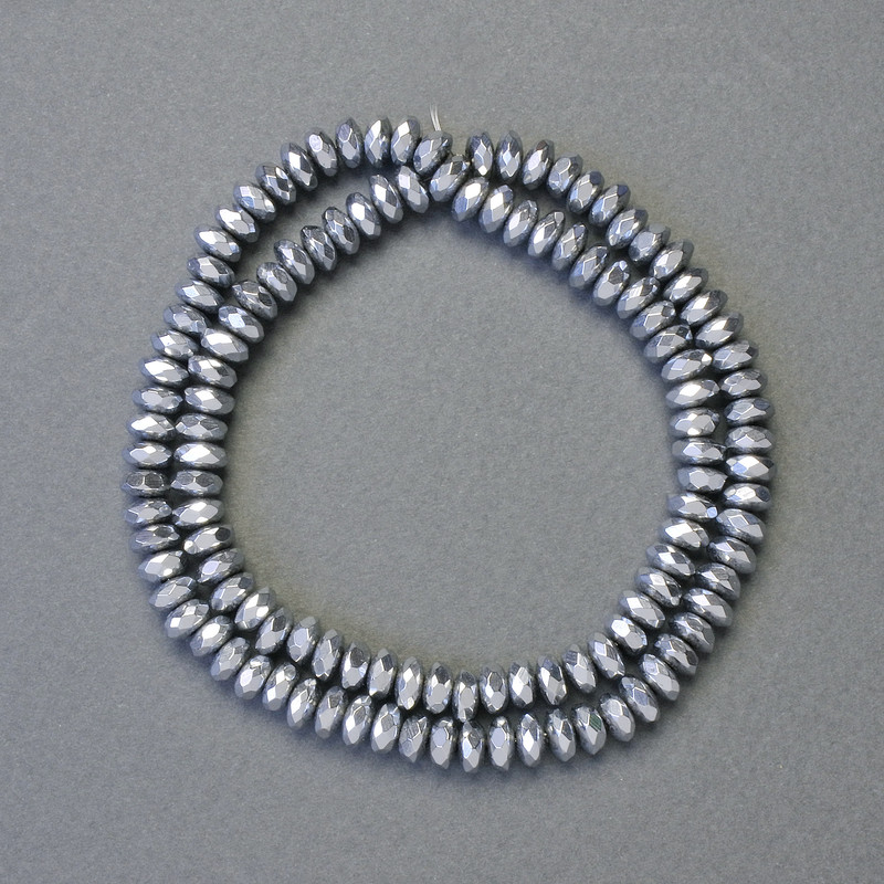 Mărgele hematit fațetate rondelle, culoare argintie, diametru 6x3 mm, lungime șirag 42 cm