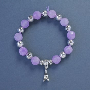 Brățară cu ametist, diametrul 10 mm, lungimea 18 cm, cu elastic și pandantiv Turnul Eiffel