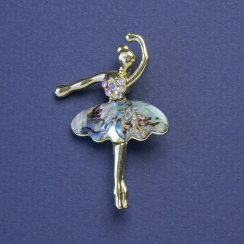 Broșă-colier Balerină, haliozit, strasuri, galben petrol, culoare metalică aurie, 30×43 mm+