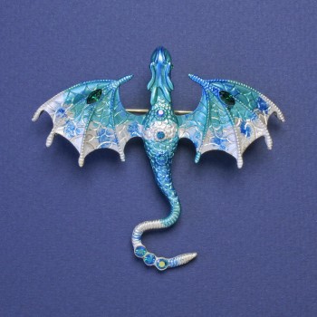 Broșă-pendant Dragon, email albastru-argintiu, cristale albastre, culoare metal auriu, 63×72 mm +