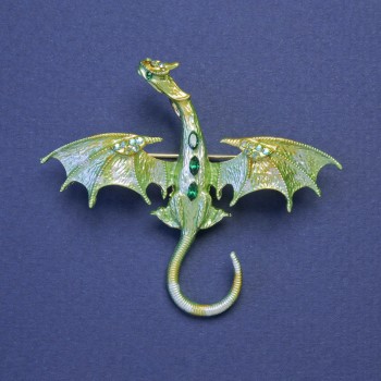 Broșă-pendent Dragon, email galben-verde salată, cu cristale verzi, culoare aurie a metalului, 50×57 mm +