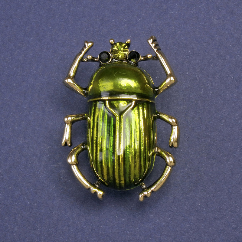Broșă Scarabeu, email verde, culoare metalică aurie, 24×33 mm+